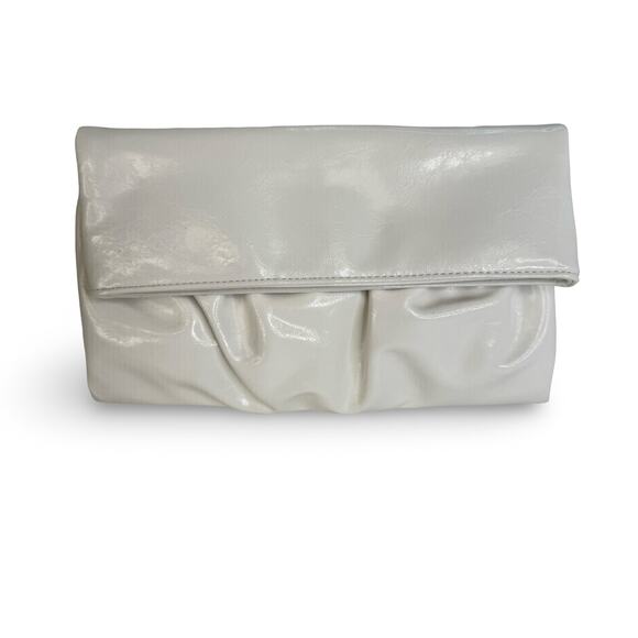 White Faux Patent Foldover Clutch Purse by Style & Co – Ruched Front Snap Close - Picture 1 of 16